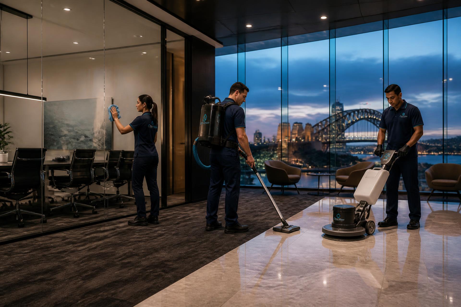 Sydney Cleaning Group commercial cleaners servicing a CBD office tower with Sydney Harbour Bridge in the background