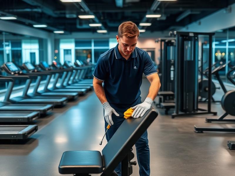 Gym cleaner wiping down weight machines and equipment at a Sydney fitness centre