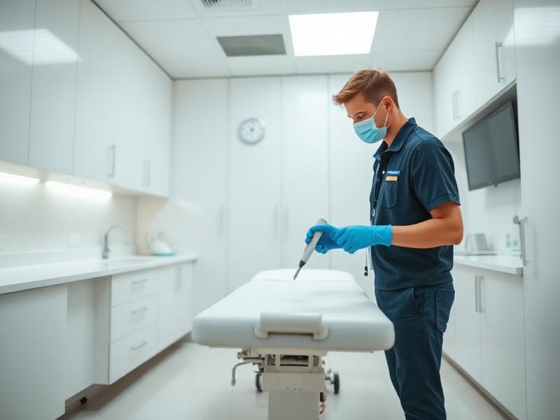 Medical cleaner disinfecting a consult room in a Sydney medical centre with hospital-grade products