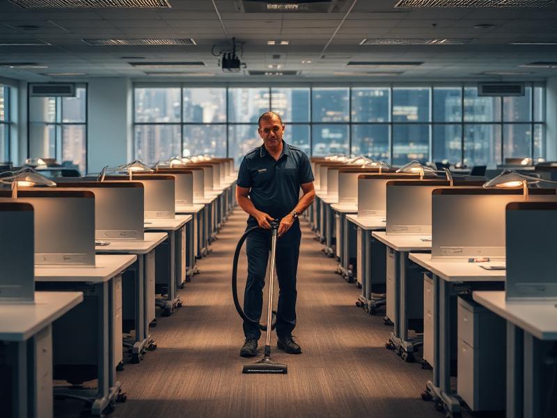 Office cleaner vacuuming open-plan workstations in a Sydney CBD corporate office