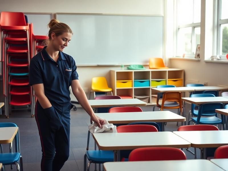 School cleaner sanitising classroom desks at a Sydney primary school after class
