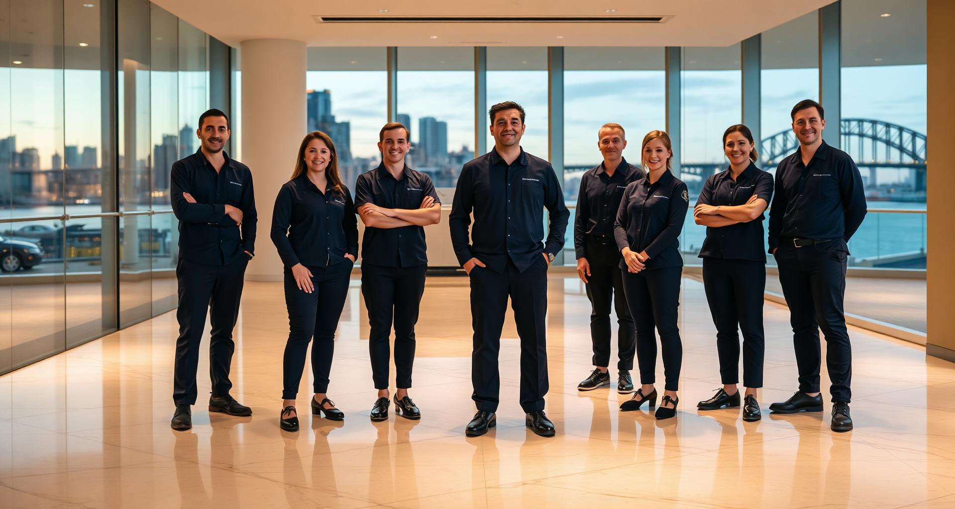 The Sydney Cleaning Group commercial cleaning team in navy uniforms inside a Sydney CBD office lobby with Harbour Bridge views